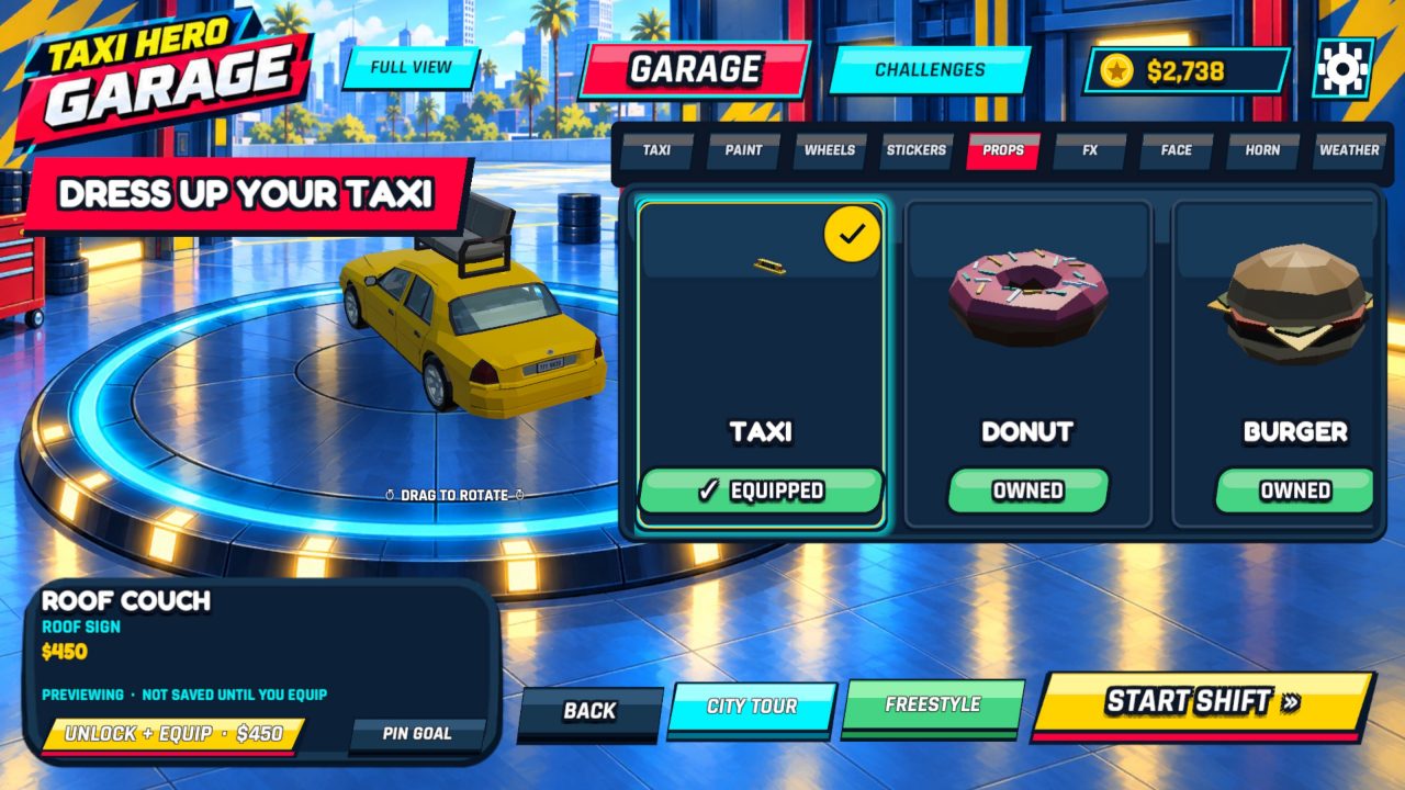 The garage: a yellow taxi with a couch strapped to the roof, the props shelf beside it